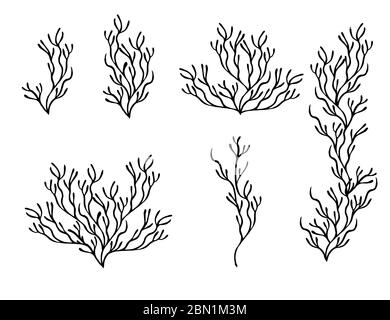 Set of black coral seaweeds silhouettes flat vector illustration isolated on white background Stock Vector