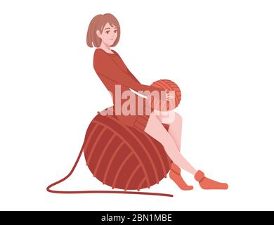 Cute woman sitting on the big red ball of wool with knitting needle flat abstract illustration isolated on white background Stock Vector