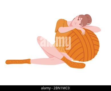 Cute woman sitting with the big red ball of wool flat abstract illustration isolated on white background Stock Vector