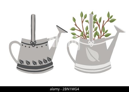 Two metal watering garden can branch with leaves in watering can creative design flat vector illustration isolated on white background Stock Vector