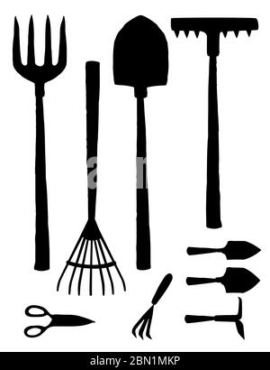 Black silhouette gardening groundworks tools collection flat vector illustration isolated on white background Stock Vector