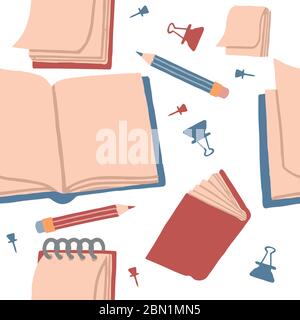 Seamless pattern of books and notepad stack of books empty open book flat vector illustration on white background Stock Vector