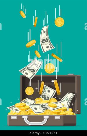 Open leather suitcase full of money. Stacks of dollar banknotes and golden coins in case. Symbol of wealth. Business success. Flat style vector illustration. Stock Vector