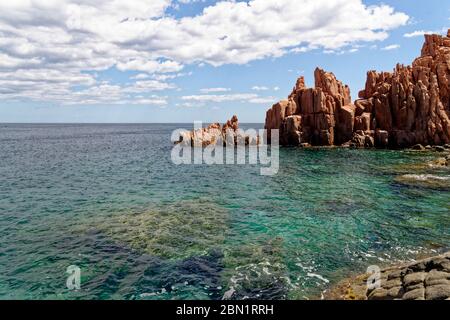 Beach of Rocce Rosse, red porphyry rocks of Arbatax, Tortoli, Ogliastra province, Sardinia, Italy, Europe - 18th of May 2019 Stock Photo