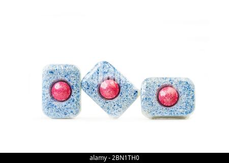 Dishwasher tablet isolated on a white background in a close up and top view Stock Photo
