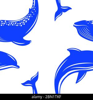 Dolphin and Whale. Vector illustration, flat style. Seamless pattern Stock Vector