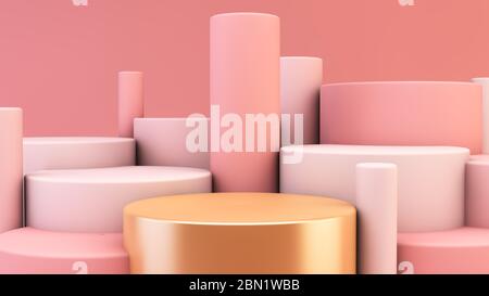 Golden platform for product presentaiton on pink cilynders background 3d rendering Stock Photo
