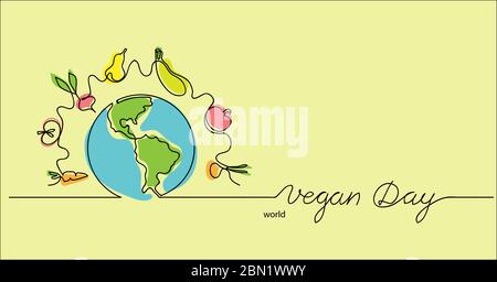 World vegan day hand drawn vector illustration. Vegetarian color background,border with planet, vegetables and fruits.One continuous line drawing Stock Vector