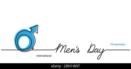 International men s day concept, background. One continuous line drawing hand drawn sketch with blue mens sign Stock Vector