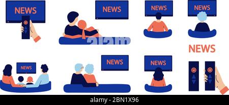 Set of modern vector illustrations isolated on white. Happy family watching news. Parents, grandparents, children, young couple stay at home, spend Stock Vector