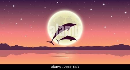 two dolphins jump out of the water in the moonlight vector illustration EPS10 Stock Vector