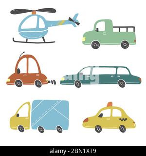 Set of cartoon cute kids and toy style cars and other transport, truck, taxi, fire truck, ship, excavator, bus, air balloon. Isolated vector illustration. Stock Vector