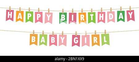 happy birthday baby girl party flags banner isolated on white background vector illustration EPS10 Stock Vector