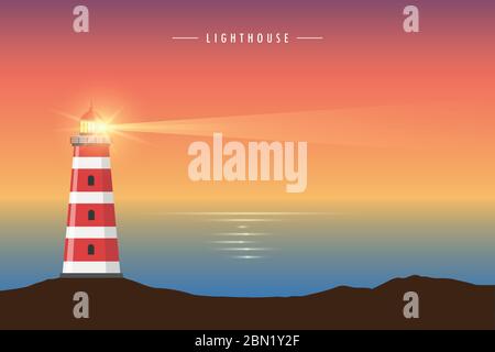 red and white lighthouse seascape vector illustration EPS10 Stock Vector