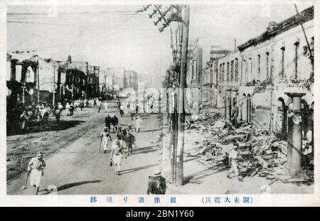 [ 1923 Japan - Great Kanto Earthquake ] —   Devastation caused in Tokyo’s Ginza district by the Great Kanto Earthquake (Kanto Daishinsai) of September 1, 1923 (Taisho 12).  The quake, with an estimated magnitude between 7.9 and 8.4 on the Richter scale, devastated Tokyo, the port city of Yokohama, surrounding prefectures of Chiba, Kanagawa, and Shizuoka, and claimed over 140,000 victims.  20th century vintage postcard. Stock Photo