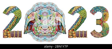 Hand drawn zentangle rabbir number 2023 for t-shirt and other decorations Stock Vector