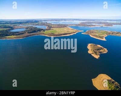 Aerial view of beautiful island located on Swiecajty Lake, Kal, Mazury, Poland (former Kehlen or Kielno, East Prussia) Stock Photo