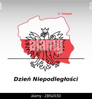 Polish banner with coat of arm, eagle, flag and map. Translation Independence day, november 11. Concept vector design.One continuous line drawing for Stock Vector