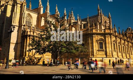 Seville, Spain - February 18th, 2020 - the Cathedral of Saint Mary of the See / the Gothic Seville Cathedral registered in 1987 by UNESCO as a World H Stock Photo