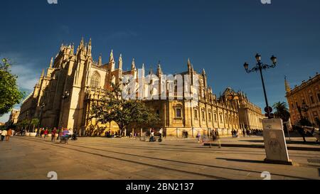 Seville, Spain - February 18th, 2020 - the Cathedral of Saint Mary of the See / the Gothic Seville Cathedral in the beautiful city of Seville, Spain. Stock Photo