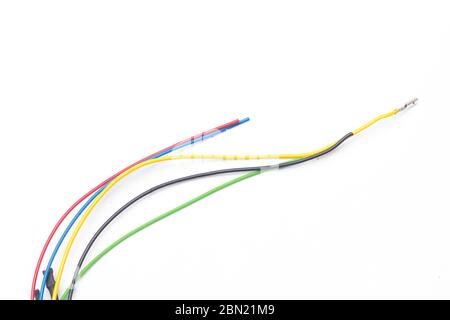 Copper cables of various colors, transmission of electric current through copper cables protected by colored plastics. Stock Photo