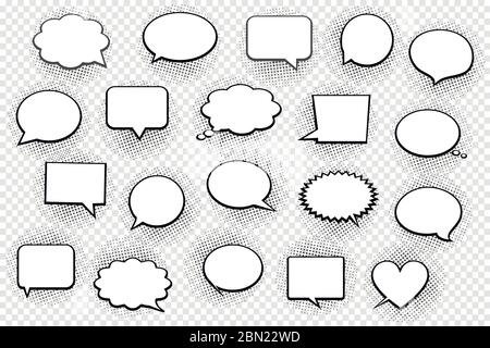 Empty white speech bubbles with halftone shadows on transparent background Stock Vector