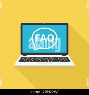 Laptop with Frequently Asked Questions solution concept, flat design Stock Vector