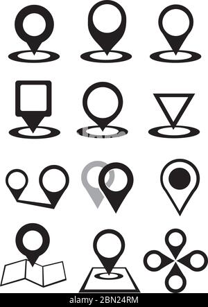 Set of vector illustration of variety designs of inverted teardrop shape map markers or pointers in black and white isolated on white background. Stock Vector