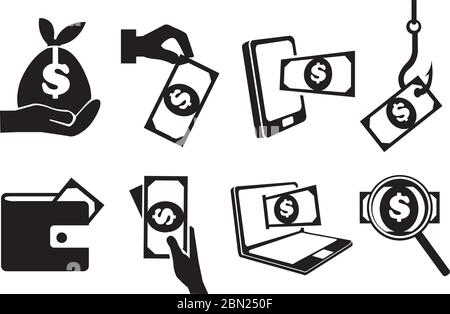 Black and white isolated vector icons on monetary theme Stock Vector