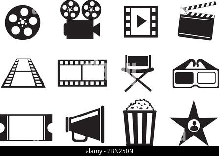 Set of twelve vector icon illustrations on cinema movie entertainment concept in black and white isolated on white background. Stock Vector