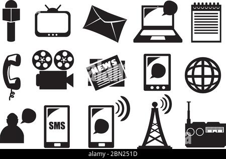 Collection of minimalist black and white vector icon set of tools and equipment for different mode of media and communication. Stock Vector