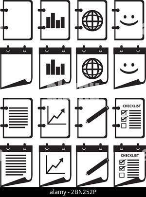 Set of twelve vector illustration of ring bound notebook with apps icons on front page isolated on white background. Stock Vector