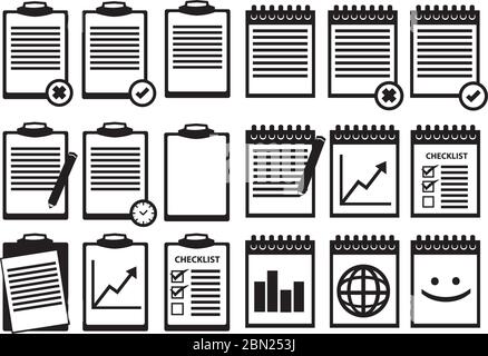 Set of clipboard and spiral bound notebook icons in black and white isolated on white background. Stock Vector
