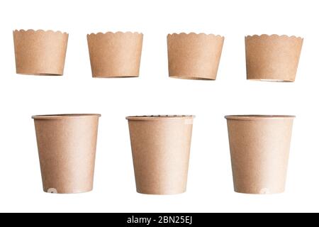 Brown baking cups and coffee cups isolated on white background.  Stock Photo