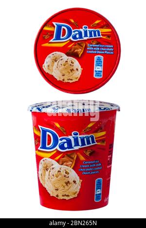 Tub of Daim ice cream icecream - Daim caramel ice cream with milk chocolate coated Daim pieces with lid removed isolated on white background Stock Photo