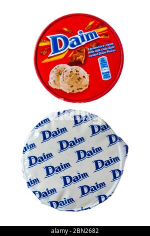 Tub of Daim ice cream icecream - Daim caramel ice cream with milk chocolate coated Daim pieces with lid removed isolated on white background Stock Photo