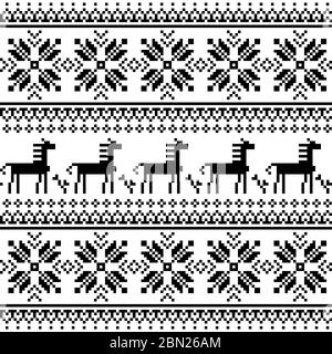 Ukrainian Slavic folk art embroidery vector seamless pattern with horses - monochrome background   Ethnic retro pattern from Ukraine in black on white Stock Vector