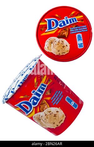 Tub of Daim ice cream icecream - Daim caramel ice cream with milk chocolate coated Daim pieces with lid removed isolated on white background Stock Photo