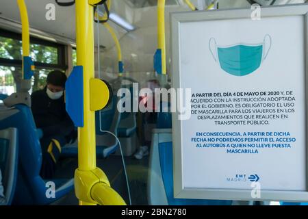 Madrid, Spanien. 10th May, 2020. Bus on the 57th day since the state of emergency was imposed by the Spanish government due to the corona crisis. Madrid, May 10th, 2020 | usage worldwide Credit: dpa/Alamy Live News