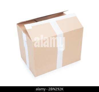 Open used cardboard box isolated on white background Stock Photo