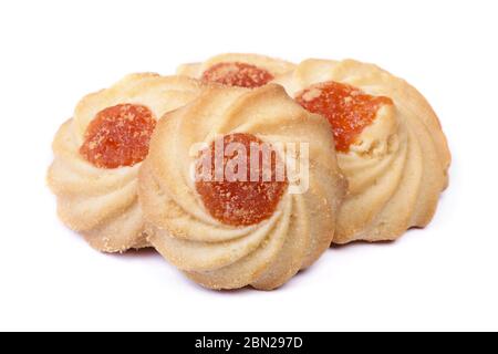 Sweet shortbread cookies with cherry jam isolated on white background Stock Photo