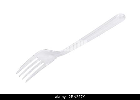 Transparent plastic fork isolated on white background Stock Photo