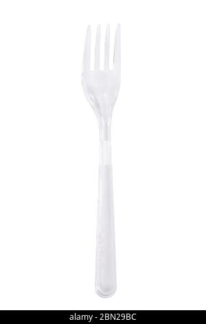Transparent plastic fork isolated on white background Stock Photo