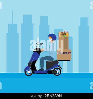 Delivery man with blue uniform driving scooter in the city. Flat design. Concept Stock Vector