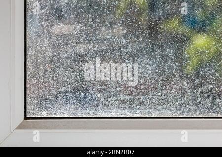 dirty window glass and part of white plastic frame at sunny summer or spring weather close-up with selective focus and blur Stock Photo