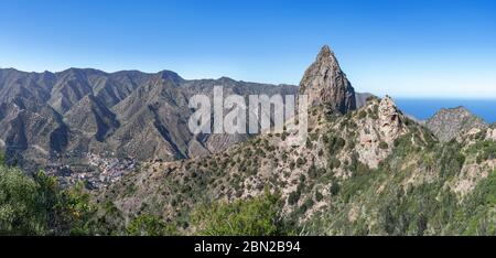 Mountain Roque El Cano with village Vallehermoso on the island of La Gomera Stock Photo