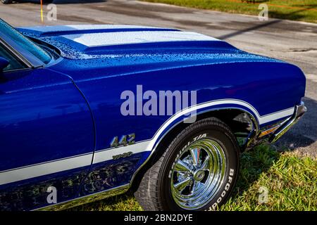 Daytona Beach, FL - November 24, 2018: Blue 1972 Oldsmobile Cutlass 442 at the Fall 2018 Daytona Turkey Run. Stock Photo