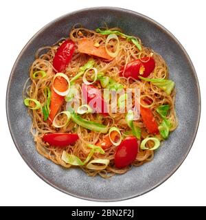 Veg Pad Woon Sen or Thai Glass Noodle Stir-Fry or Pad Thai in gray bowl isolated on backdrop. Vegetarian Pad Woon Sen is a Thai dish of glass bean noo