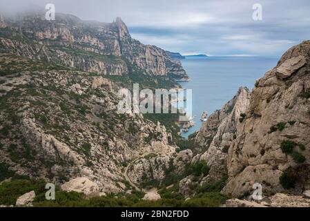 Aerial view of the Calanque de Sugiton, fjord near Marseille in the south of France in the Calanques National Park seen from the observation deck. Stock Photo