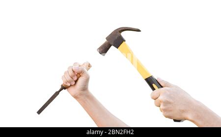 Male hands working with old rusty hammer and chisel isolated on white background with clipping path. Stock Photo